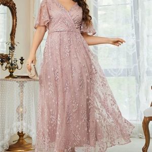 Plus Floral Embroidered Flutter Sleeve Overlap Collar Mesh Bridesmaid Dress nwt